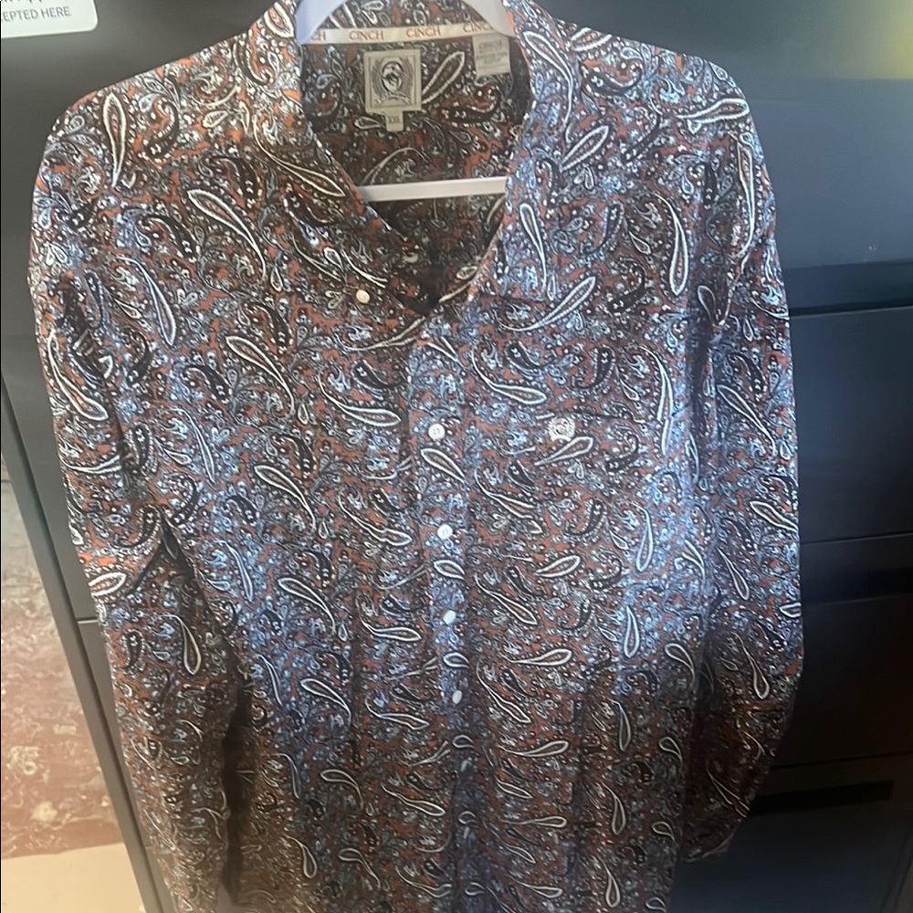 Cinch Brown and Blue Casual Button Down Shirt with Paisley Design